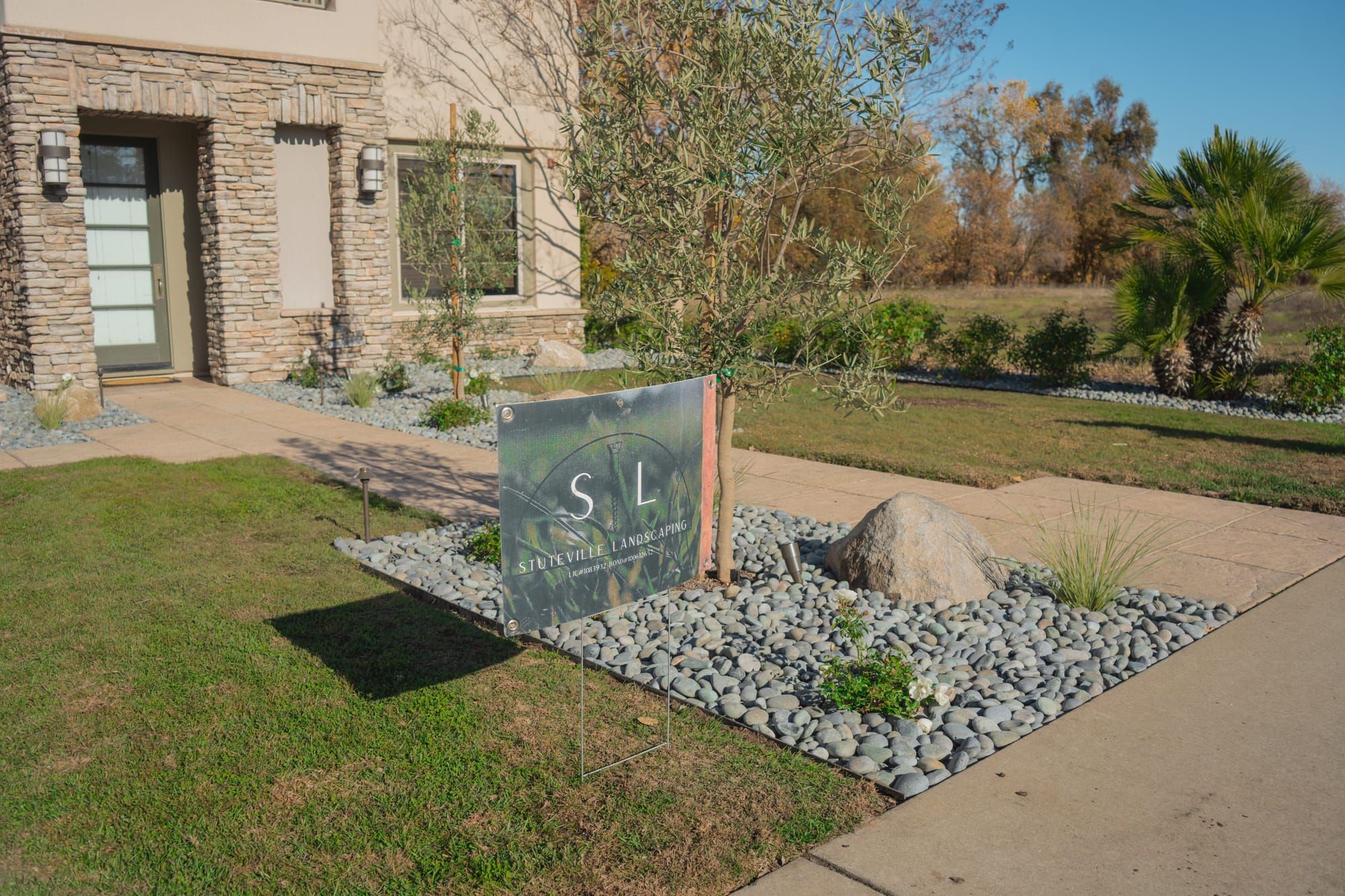 Stuteville Landscaping jobsite sign at a Sacramento project